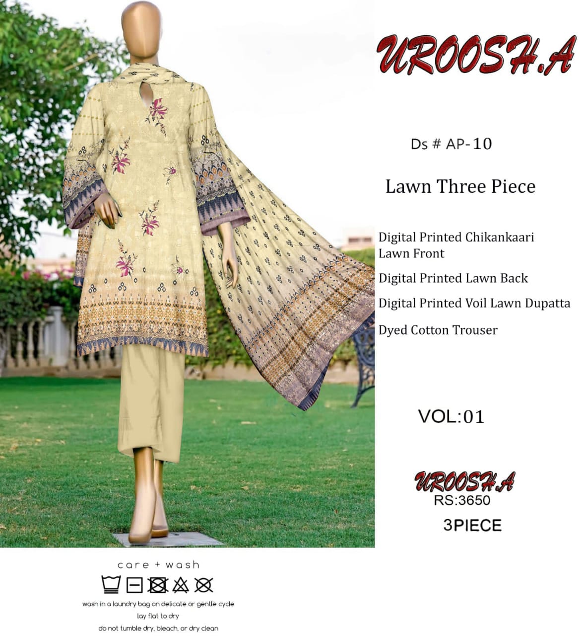VOL 01 | DS P-10| DIGITAL PRINTED LAWN CHIKANKAARI 3PC