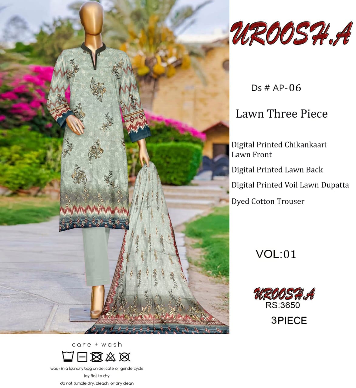 VOL 01 | DS P-06| DIGITAL PRINTED LAWN CHIKANKAARI 3PC