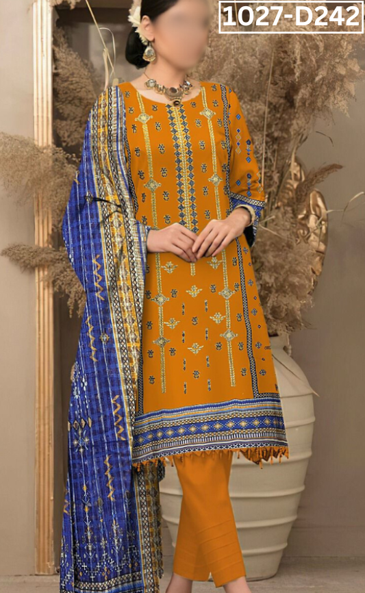 VOL 1027 | DS D242 | LINEN PRINTED EMBROIDERED 3 PIECE