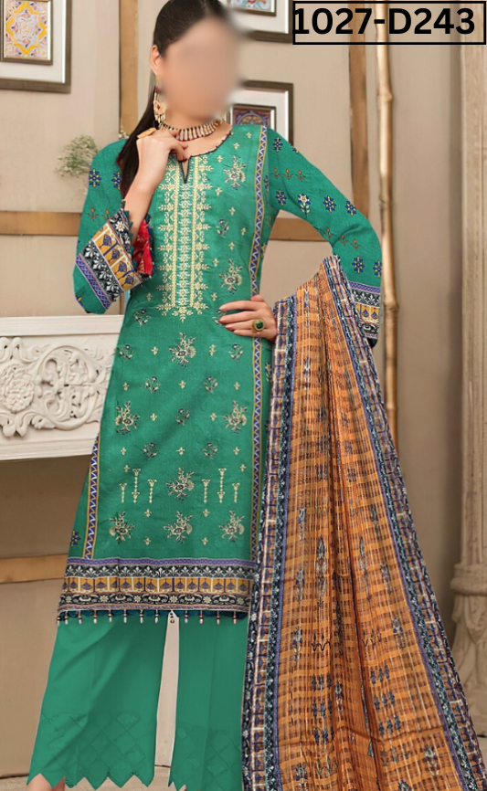VOL 1027 | DS D243 | LINEN PRINTED EMBROIDERED 3 PIECE