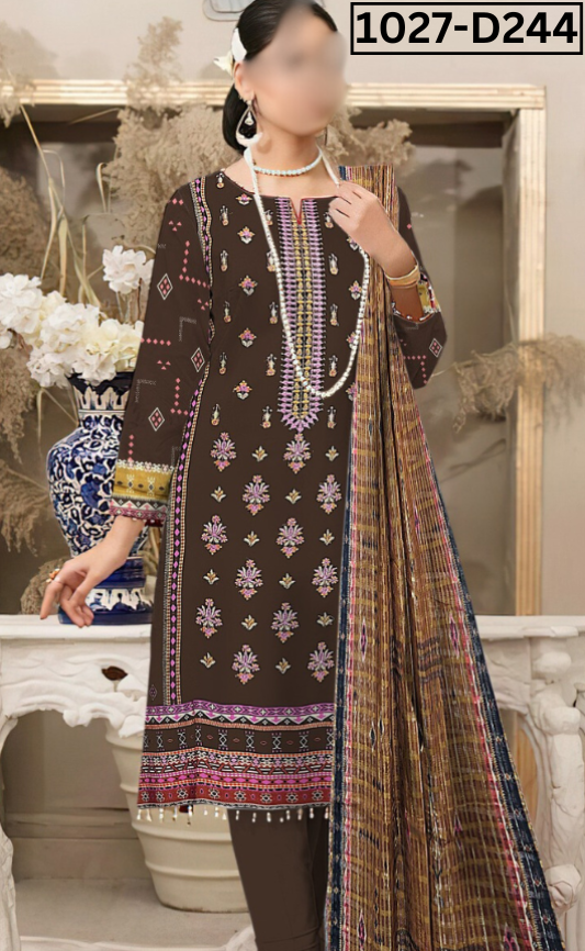 VOL 1027 | DS D244 | LINEN PRINTED EMBROIDERED 3 PIECE