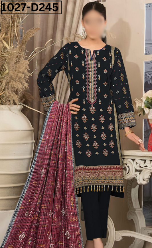 VOL 1027 | DS D245 | LINEN PRINTED EMBROIDERED 3 PIECE