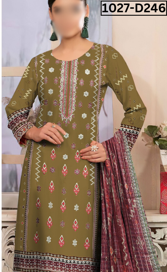 VOL 1027 | DS D246 | LINEN PRINTED EMBROIDERED 3 PIECE