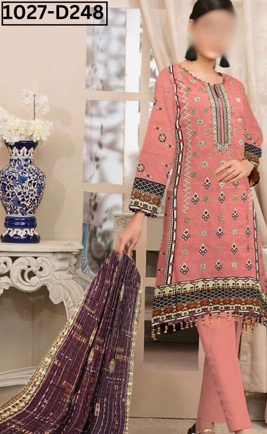 VOL 1027 | DS D248 | LINEN PRINTED EMBROIDERED 3 PIECE