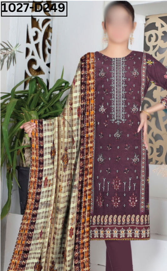 VOL 1027 | DS D249 | LINEN PRINTED EMBROIDERED 3 PIECE