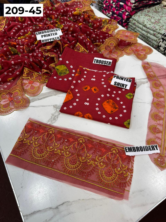 VOL 209 | DS 45 | LAWN 3PC PRINTED LAWN SHIRT ALONG WITH EMBROIDERED PATCHES PRINTED TROUSER EMBROIDERED DUPATTA