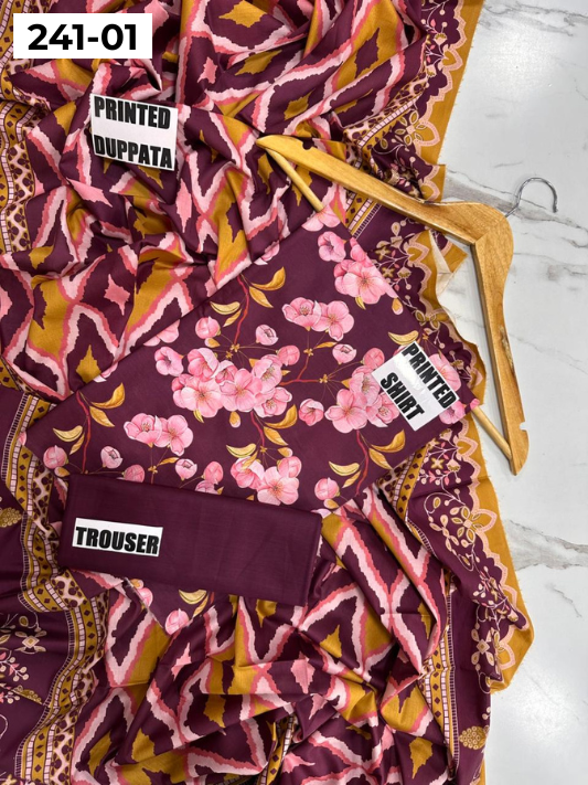 VOL 241 | DS 01 | Mirha LAWN |  DIGITAL PRINTED LAWN 3PC PRINTED LAWN SHIRT PLAIN TROUSER PRINTED LAWN DUPATTA