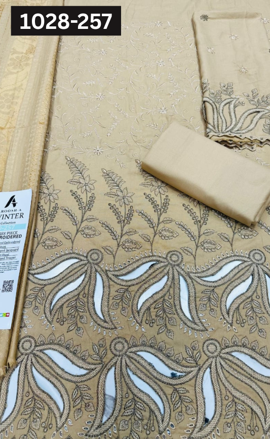 VOL 1028 | DS 257 | DHANAK DYED  EMBROIDERED 3PC DHANAK JACQUARD VELVET SHAWL