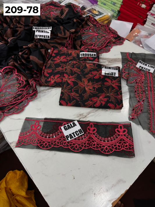 VOL 209 | DS 78 | LAWN 3PC PRINTED LAWN SHIRT ALONG WITH EMBROIDERED PATCHES PRINTED TROUSER EMBROIDERED DUPATTA