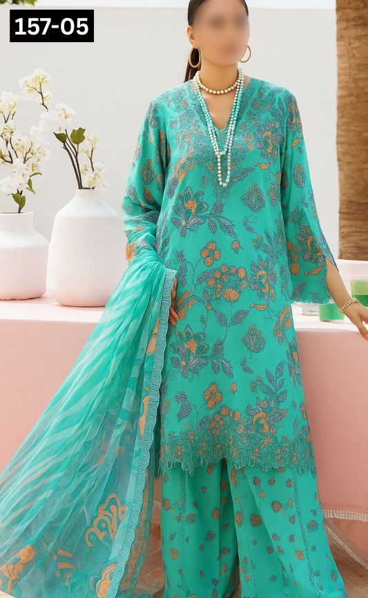 VOL 157 | DS 05 | DIGITAL PRINTED LINEN 3PC | LINEN DUPATTA | EMBROIDERED ORAGANZA PATCHES