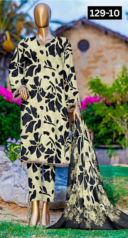 VOL 129 | DS 10 | DIGITAL PRINTED BANADORA LAWN 3PC VOIL LAWN DUPATTA