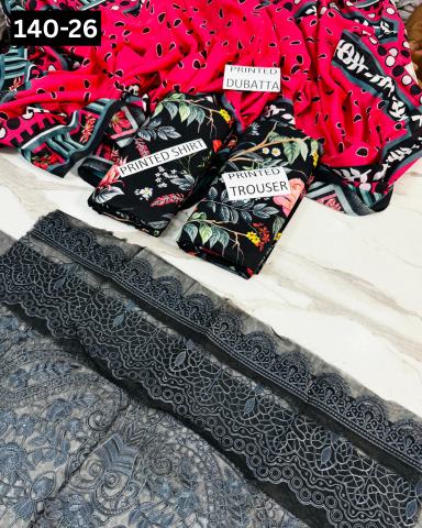 VOL 140 | DS 26 | DIGITAL PRINTED BANADORA LAWN 3PC | VOIL LAWN DUPATTA | EMBROIDERED ORAGANZA PATCHES