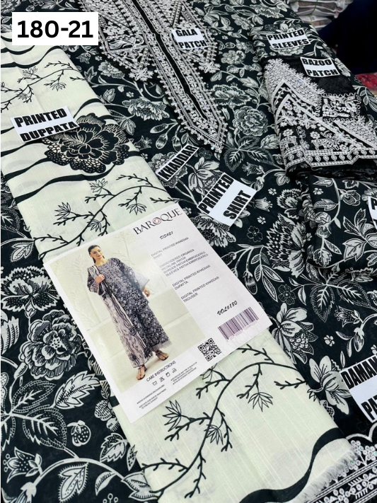 VOL 180 | DS 21 | DIGITAL PRINTED KHADDAR 3PC | EMBROIDERED PATCHES | KHADDAR DUPATTA