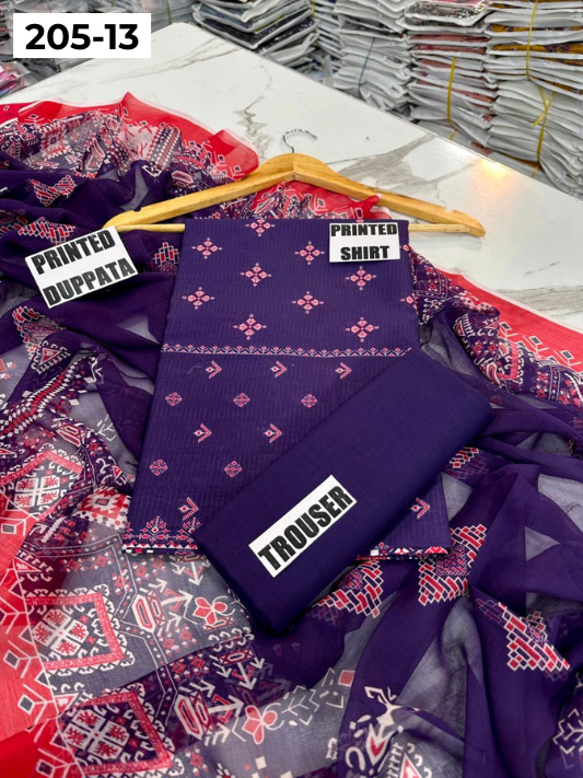 VOL 205 | DS 13 | DIGITAL PRINTED BANADORA LAWN SHIRT PLAIN TROUSER BAMBER CHIFFON DUPATTA