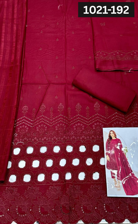 VOL 1021 | DS 192 | DHANAK DYED  EMBROIDERED 3PC DHANAK VELVET SHAWL
