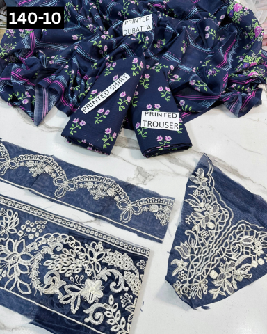 VOL 140 | DS 10 | DIGITAL PRINTED BANADORA LAWN 3PC | VOIL LAWN DUPATTA | EMBROIDERED ORAGANZA PATCHES