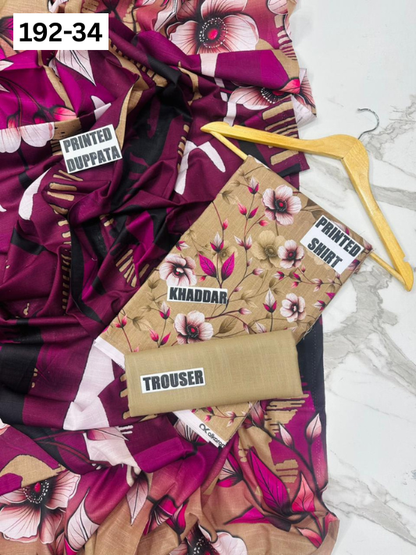 VOL 192 | DS 34 | DIGITAL PRINTED KHADDAR 3PC DYED TROUSER