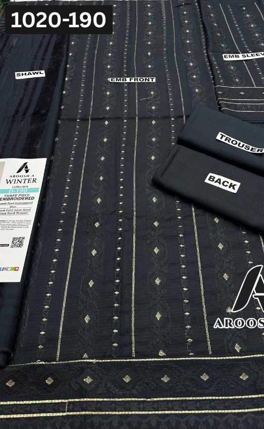 VOL 1020 | DS 190 | DHANAK DYED  EMBROIDERED 3PC DHANAK VELVET SHAWL