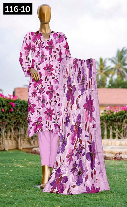 VOL 116 | DS 10 | DIGITAL PRINTED LAWN 3PC DYED TROUSER VOIL LAWN DUPATTA