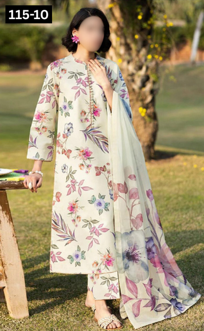 VOL 115 | DS 10 | DIGITAL PRINTED BANADORA LAWN 3PC VOIL LAWN DUPATTA