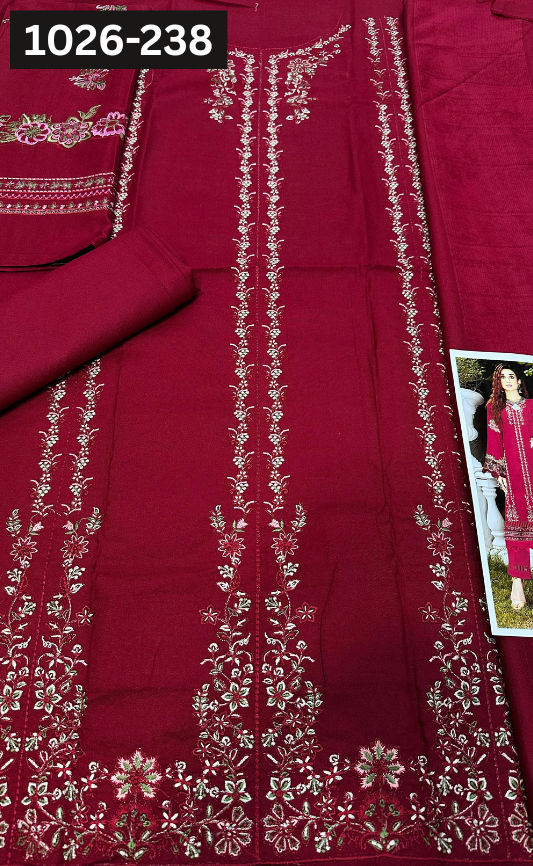 VOL 1026 | DS 238 | DHANAK DYED  EMBROIDERED 3PC DHANAK VELVET SHAWL