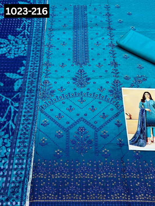 VOL 1023 | DS D216 | VISCOS PRINTED EMBROIDERED 3 PIECE