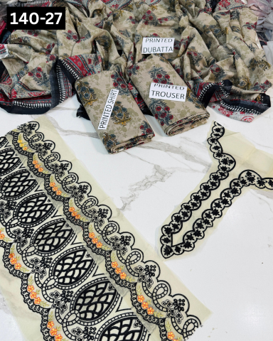 VOL 140 | DS 27 | DIGITAL PRINTED BANADORA LAWN 3PC | VOIL LAWN DUPATTA | EMBROIDERED ORAGANZA PATCHES