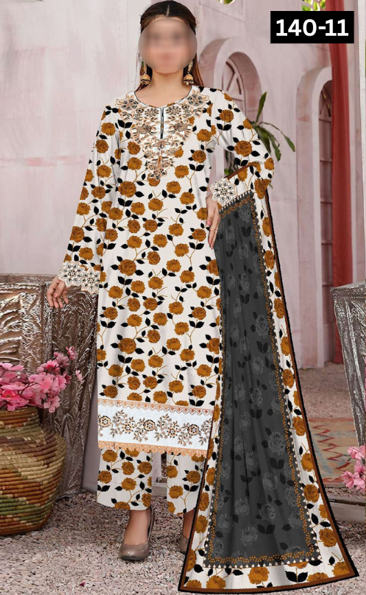 VOL 140 | DS 11 | DIGITAL PRINTED BANADORA LAWN 3PC | VOIL LAWN DUPATTA | EMBROIDERED ORAGANZA PATCHES