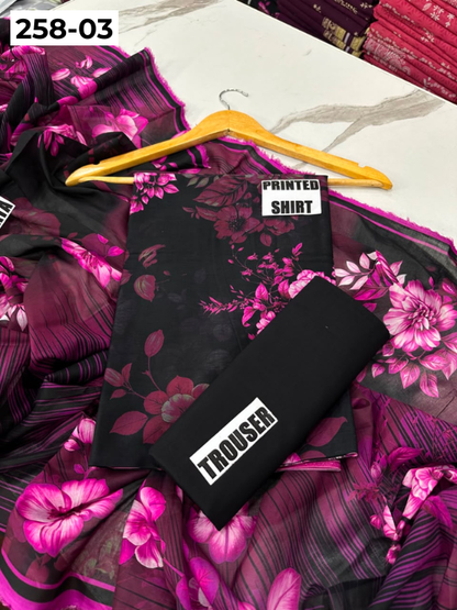 VOL 258 | DS 03 | GulBANO | DIGITAL PRINTED 3PC LAWN SHIRT, DYED TROUSER, PRINTED VOIL DUPATTA