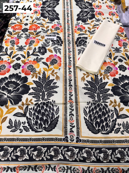 VOL 257 | DS 44 | PRINTED HIT CODES LAWN 2PC | DIGITAL PRINTED LAWN SHIRT, PLAIN COTTON TROUSER