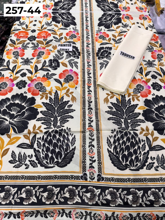 VOL 257 | DS 44 | PRINTED HIT CODES LAWN 2PC | DIGITAL PRINTED LAWN SHIRT, PLAIN COTTON TROUSER