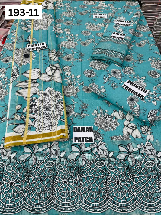 VOL 193 | DS 11 | DIGITAL PRINTED KARANDI 3PC | EMBROIDERED PATCHES | FANCY KARANDI DUPATTA