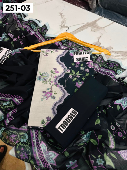 VOL 251 | DS 03 | Khaas | DIGITAL PRINTED 3PC LAWN SHIRT, DYED TROUSER, PRINTED VOIL DUPATTA