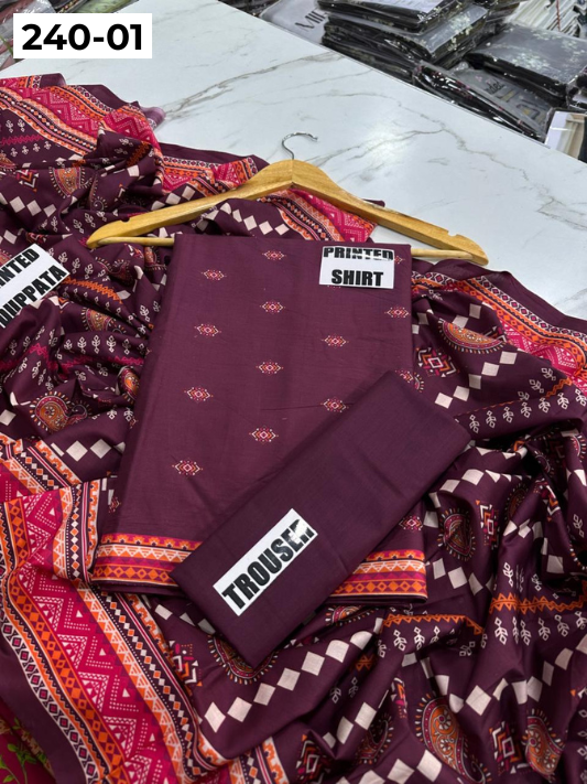 VOL 240 | DS 01 | Mirha LAWN |  DIGITAL PRINTED LAWN 3PC PRINTED LAWN SHIRT PLAIN TROUSER PRINTED LAWN DUPATTA