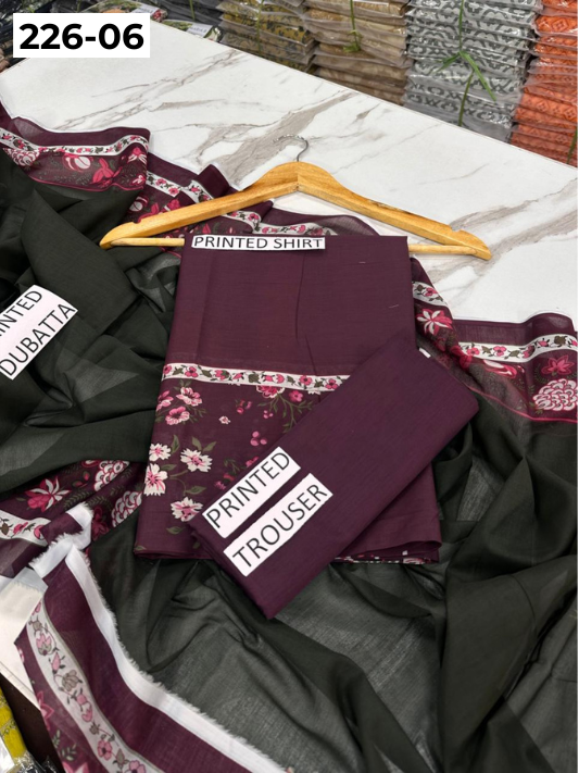 VOL 226 | DS 06 | DIGITAL PRINTED LAWN 3PC PRINTED LAWN SHIRT PLAIN TROUSER PRINTED VOIL DUPATTA