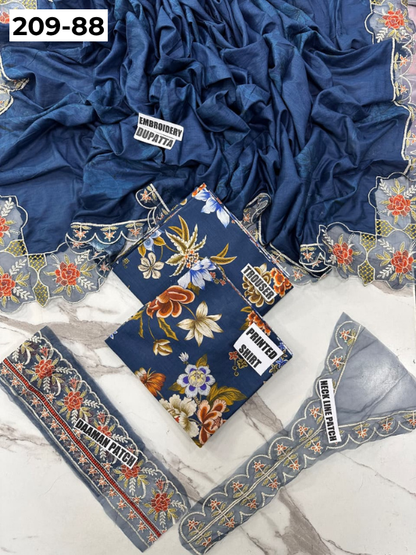VOL 209 | DS 88 | LAWN 3PC PRINTED LAWN SHIRT ALONG WITH EMBROIDERED PATCHES PRINTED TROUSER EMBROIDERED DUPATTA