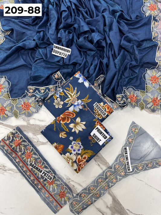 VOL 209 | DS 88 | LAWN 3PC PRINTED LAWN SHIRT ALONG WITH EMBROIDERED PATCHES PRINTED TROUSER EMBROIDERED DUPATTA