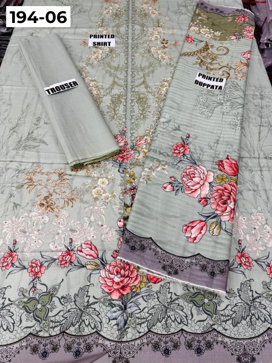VOL 194 | DS 06 | Digital Printed Cotton Three Piece Doria Lawn Dupatta Plain Trouser