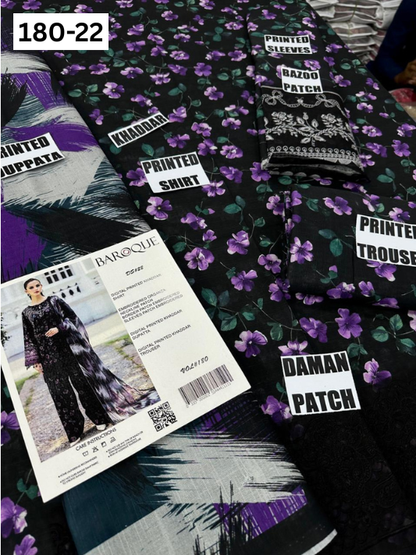 VOL 180 | DS 22 | DIGITAL PRINTED KHADDAR 3PC | EMBROIDERED PATCHES | KHADDAR DUPATTA