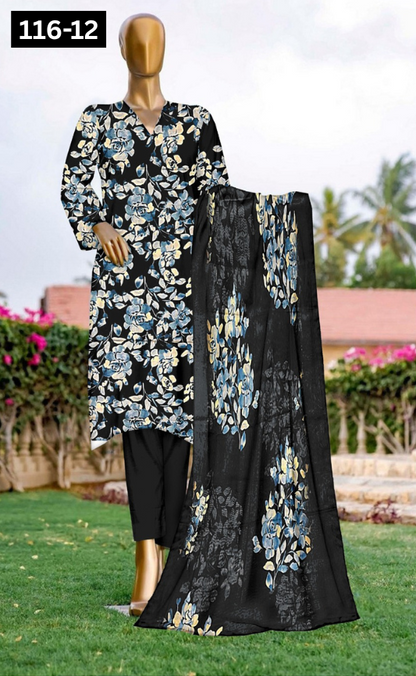 VOL 116 | DS 12 | DIGITAL PRINTED LAWN 3PC DYED TROUSER VOIL LAWN DUPATTA