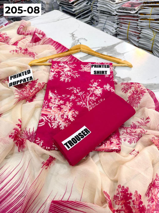 VOL 205 | DS 08 | DIGITAL PRINTED BANADORA LAWN SHIRT PLAIN TROUSER BAMBER CHIFFON DUPATTA