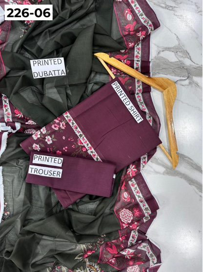 VOL 226 | DS 06 | DIGITAL PRINTED LAWN 3PC PRINTED LAWN SHIRT PLAIN TROUSER PRINTED VOIL DUPATTA