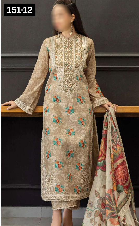 VOL 151 | DS 12 | DIGITAL PRINTED LINEN 3PC LINEN DUPATTA