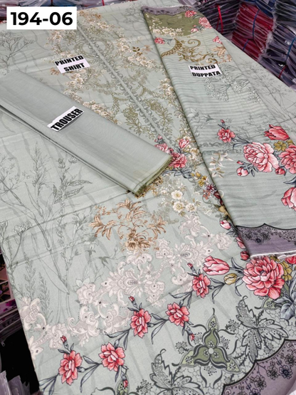 VOL 194 | DS 06 | Digital Printed Cotton Three Piece Doria Lawn Dupatta Plain Trouser