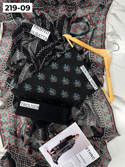 VOL 219 | DS 09 | ETHNC LAWN 3PC | DIGITAL PRINTED BANADORA LAWN SHIRT PLAIN TROUSER BAMBER CHIFFON DUPATTA