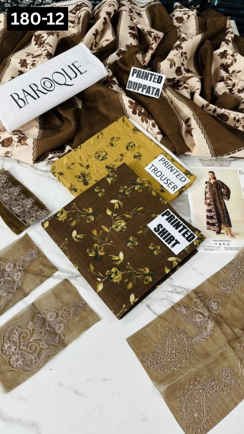 VOL 180 | DS 12 | DIGITAL PRINTED KHADDAR 3PC | EMBROIDERED PATCHES | KHADDAR DUPATTA