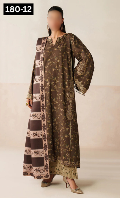 VOL 180 | DS 12 | DIGITAL PRINTED KHADDAR 3PC | EMBROIDERED PATCHES | KHADDAR DUPATTA