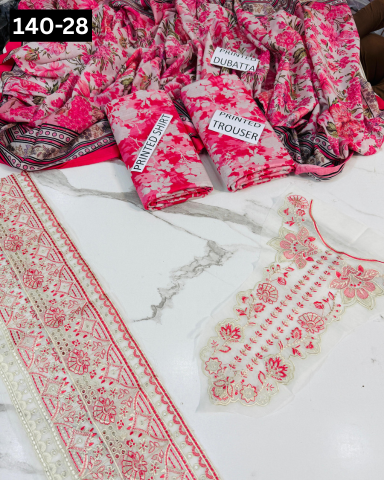 VOL 140 | DS 28 | DIGITAL PRINTED BANADORA LAWN 3PC | VOIL LAWN DUPATTA | EMBROIDERED ORAGANZA PATCHES