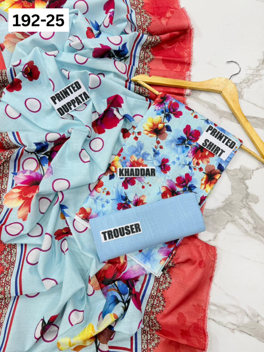 VOL 192 | DS 25 | DIGITAL PRINTED KHADDAR 3PC DYED TROUSER