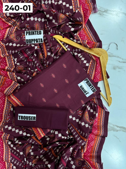 VOL 240 | DS 01 | Mirha LAWN |  DIGITAL PRINTED LAWN 3PC PRINTED LAWN SHIRT PLAIN TROUSER PRINTED LAWN DUPATTA